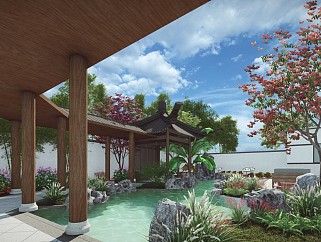 中式精致庭院景观 中式民宿花园景观 中式花园酒店中庭景观